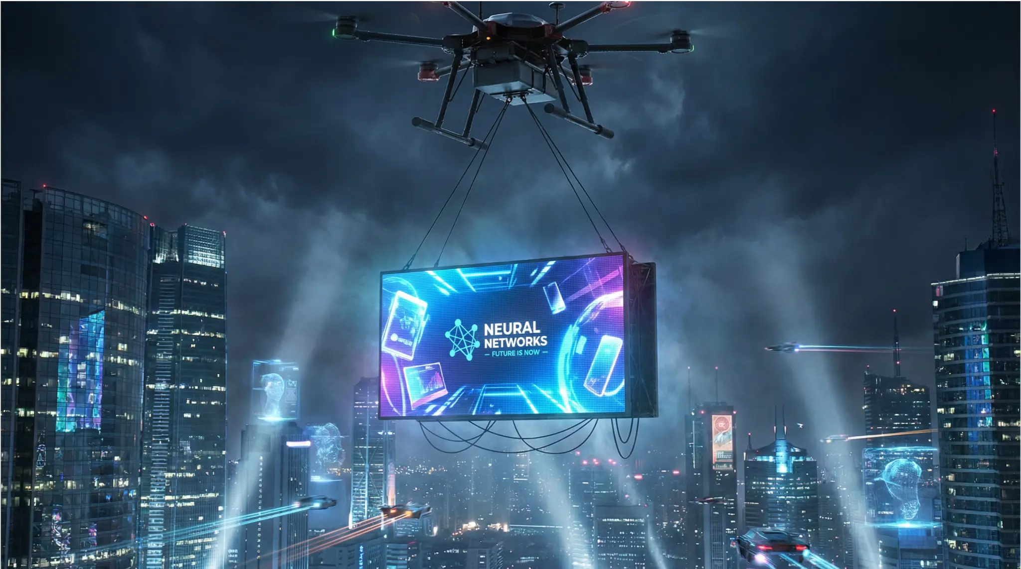 都市夜景でのドローン広告イメージ図