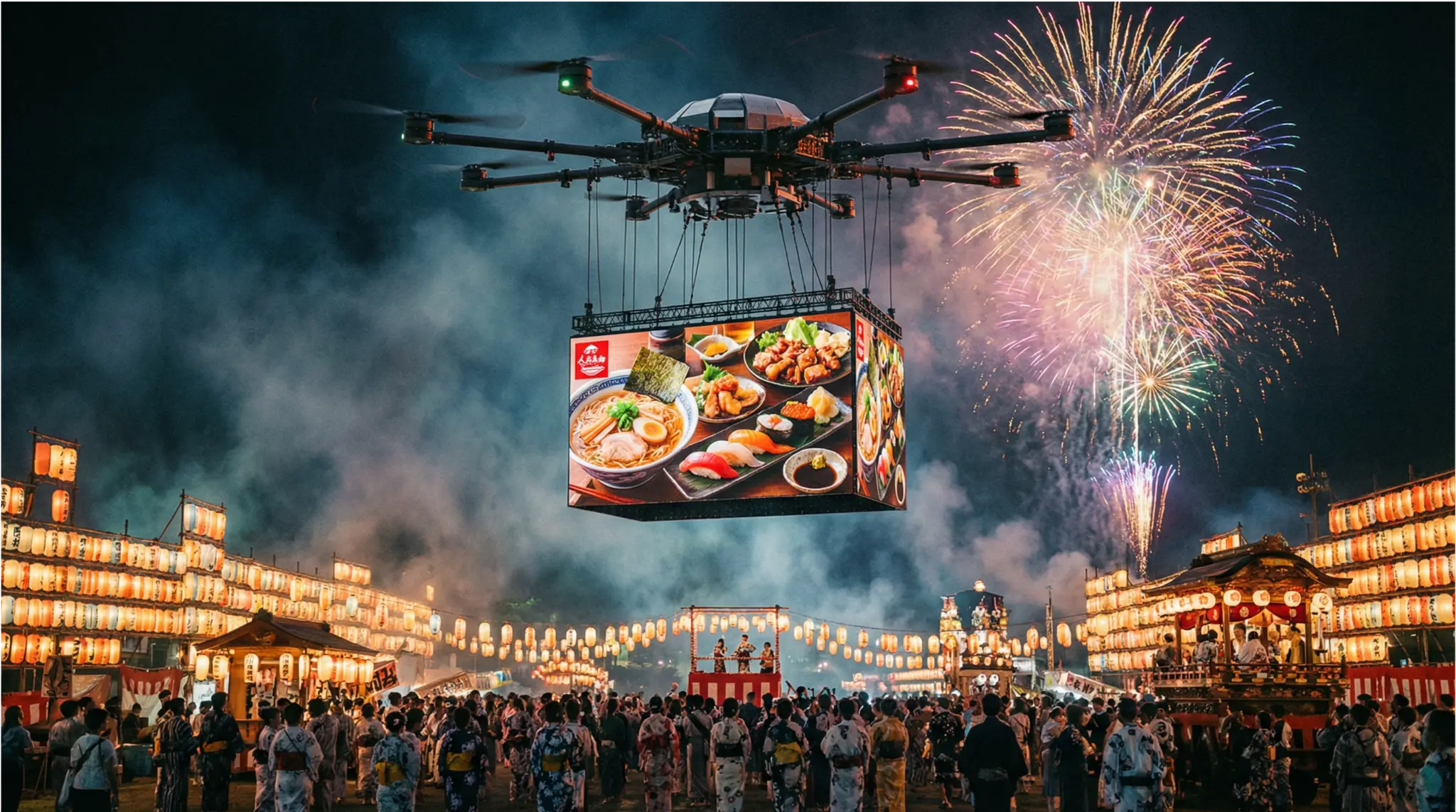 日本の祭りでのドローン広告エンターテイメントイメージ図