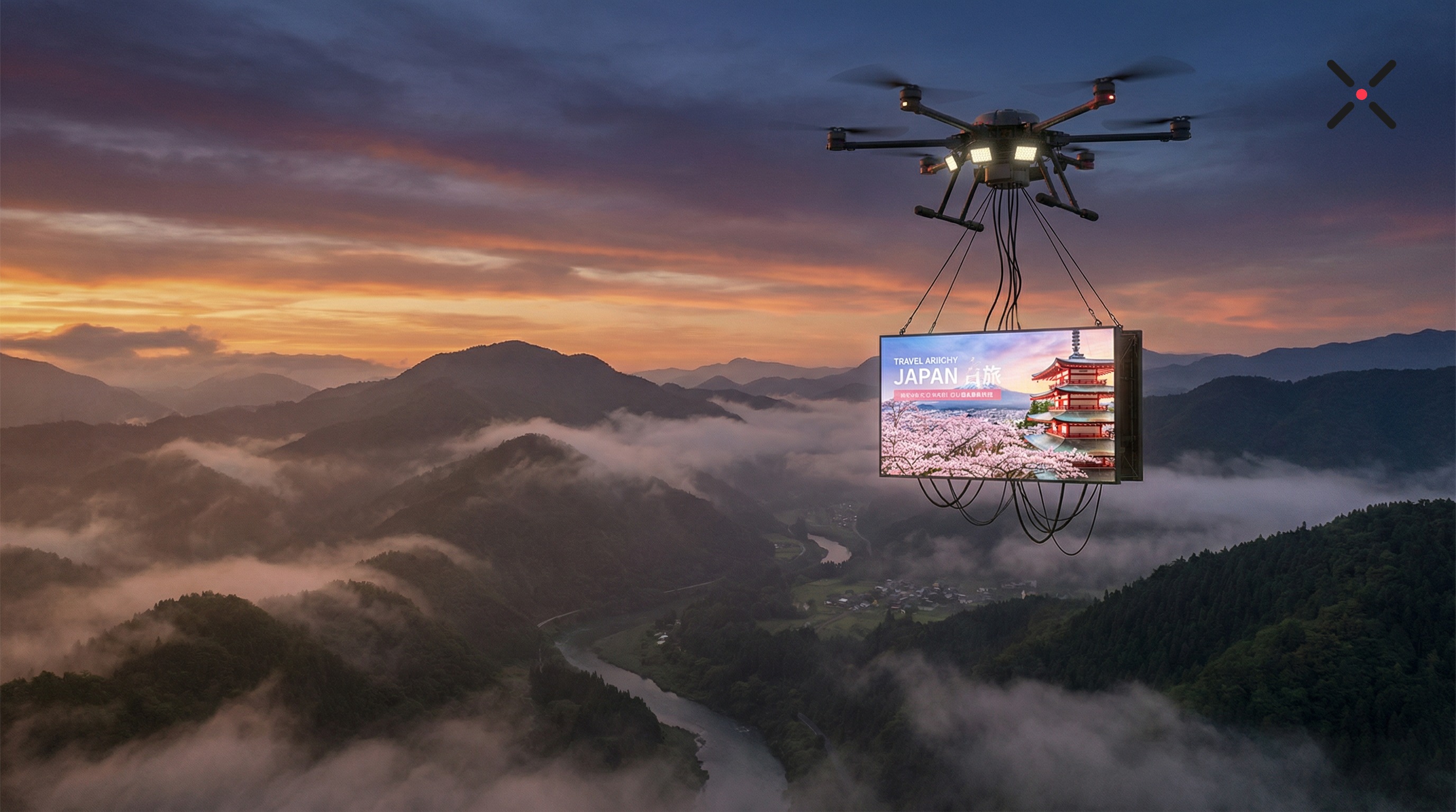 山岳夕暮れ×ドローン広告